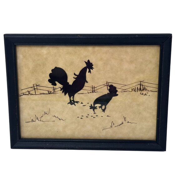 Vintage Rooster Hen Silhouette Farm Art Signed GR Framed Rustic Wall Decor - Picture 3 of 16
